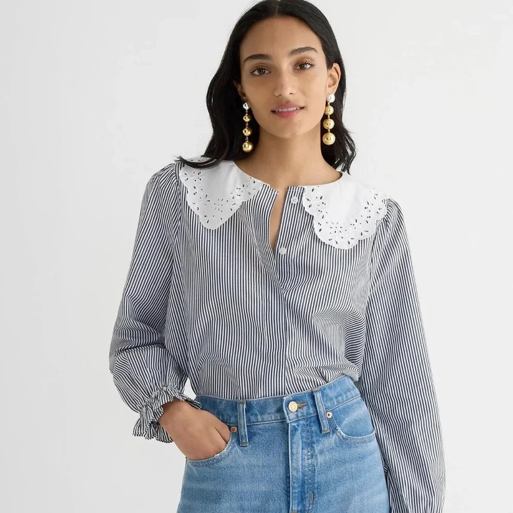 J. Crew Navy and White Striped Blouse with Eyelet Collar